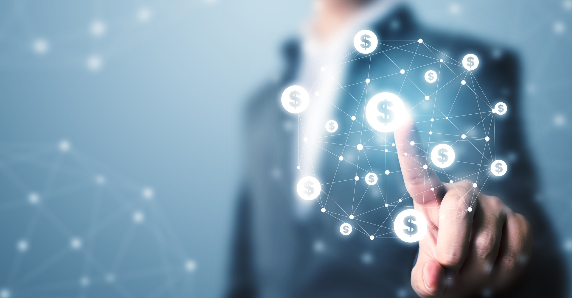 Financial technology (Fin-tech). Businessman pointing dollar currency icon. Concept online transaction application for ecommerce and internet investment Financial technology (Fin-tech). Businessman pointing dollar currency icon. Concept online transaction application for ecommerce and internet investment